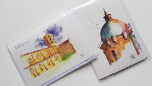 carte postale architecture Aquarelles églises romanes, châteaux