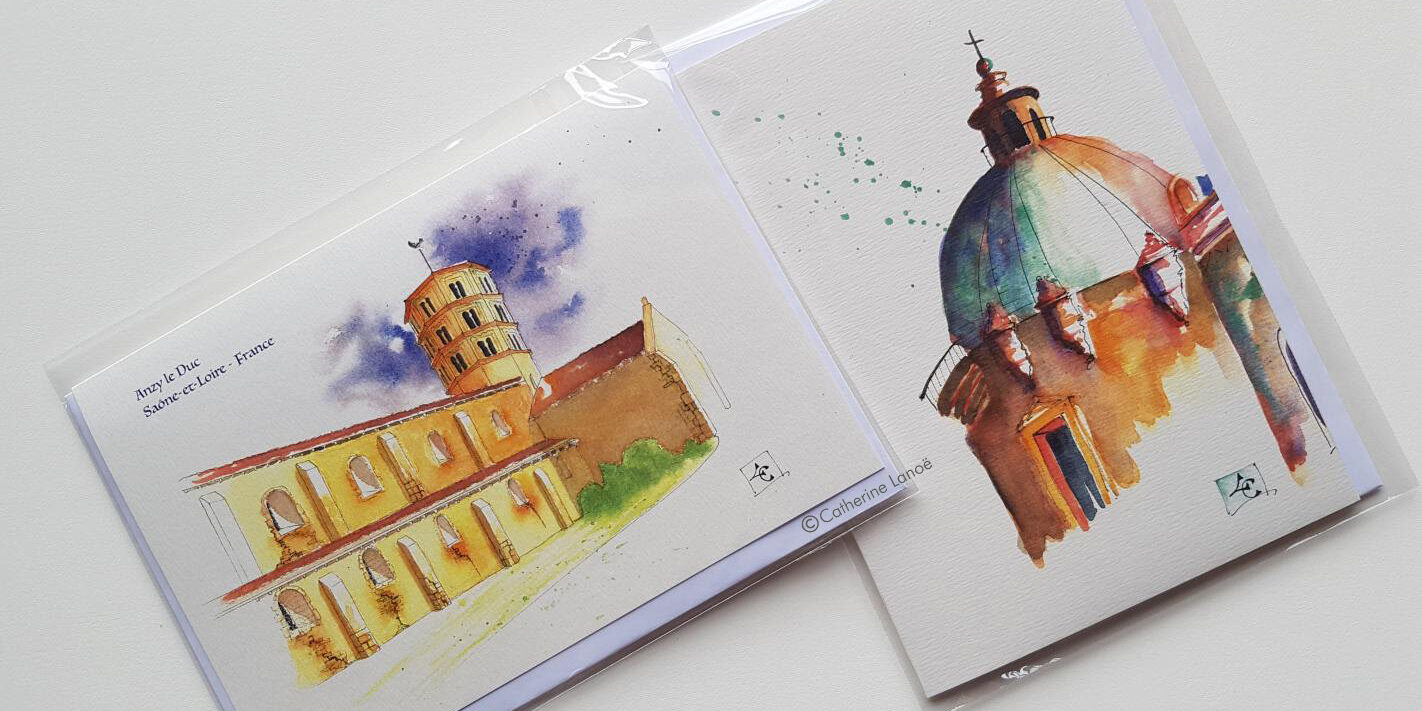 carte postale architecture Aquarelles églises romanes, châteaux