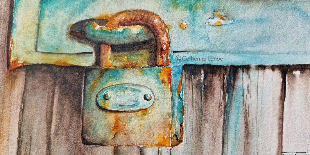 Aquarelles textures et méthodes différentes cadenas bleu turquoise et rouille