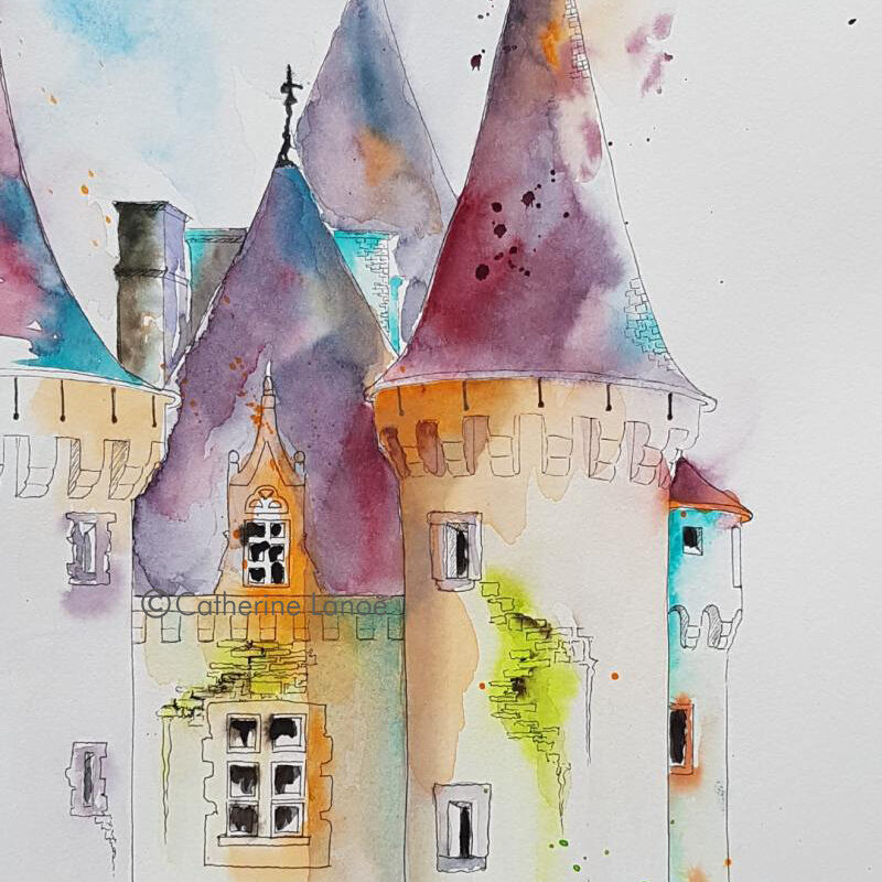 Aquarelle architecture chateau de la clayette en peinture