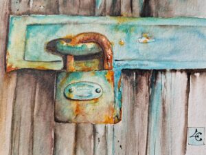 Aquarelles textures et méthodes différentes cadenas bleu turquoise et rouille