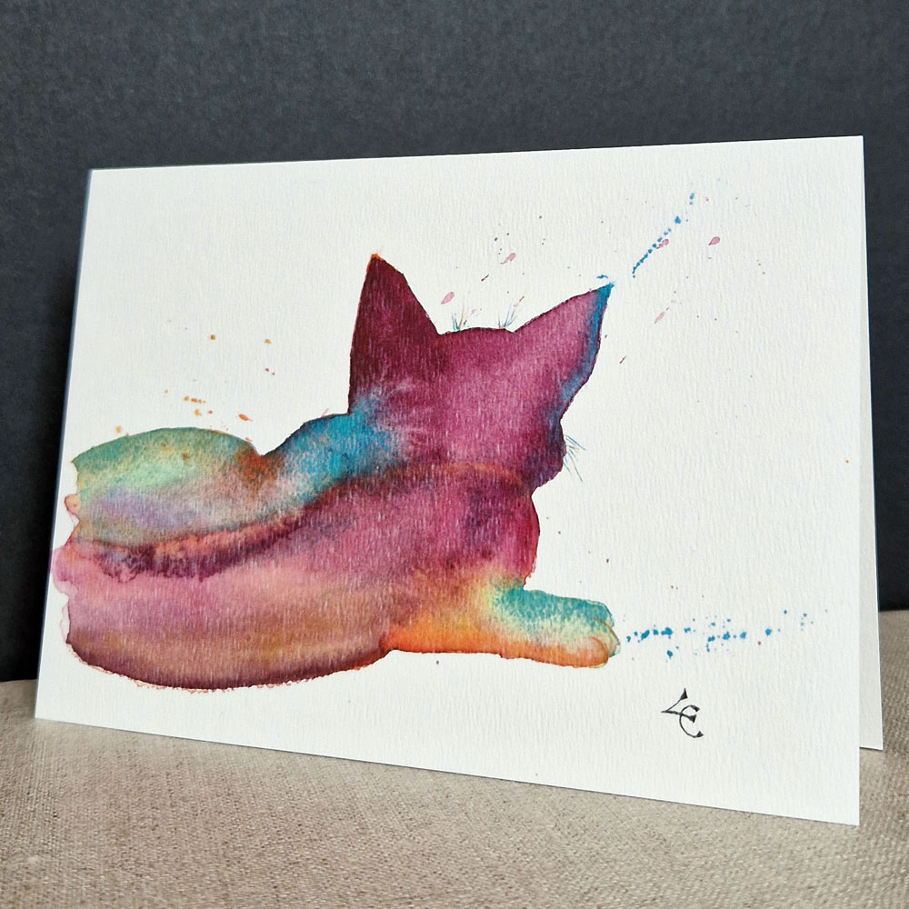 Chat multicolore de dos 1 Chat en tache aquarelle multicolore carte d'art