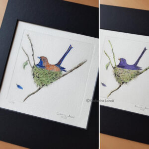 gravure sur zinc d'un oiseau dans son nid
