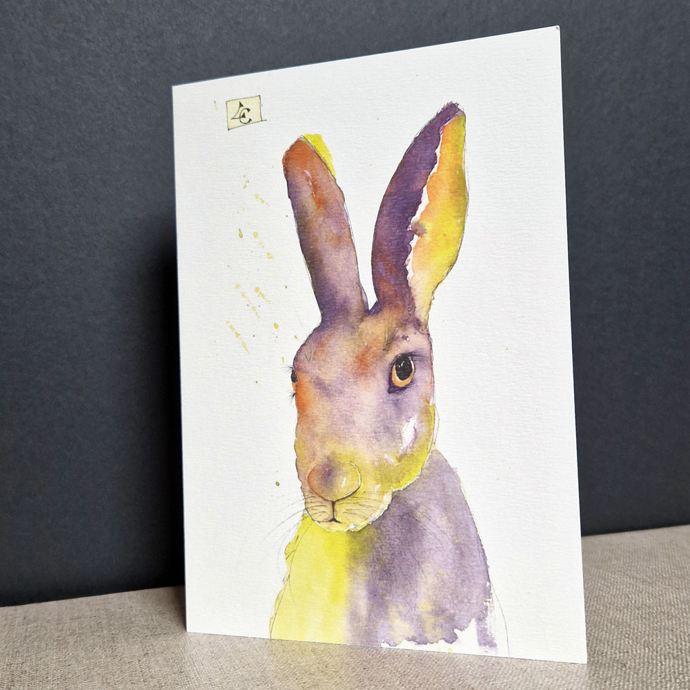 Lapin vert violet 2 lapin violet a l'aquarelle sur carte d'art par catherine lanoe