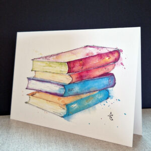 carte postale avec 4 livres représentés a l'aquarelle