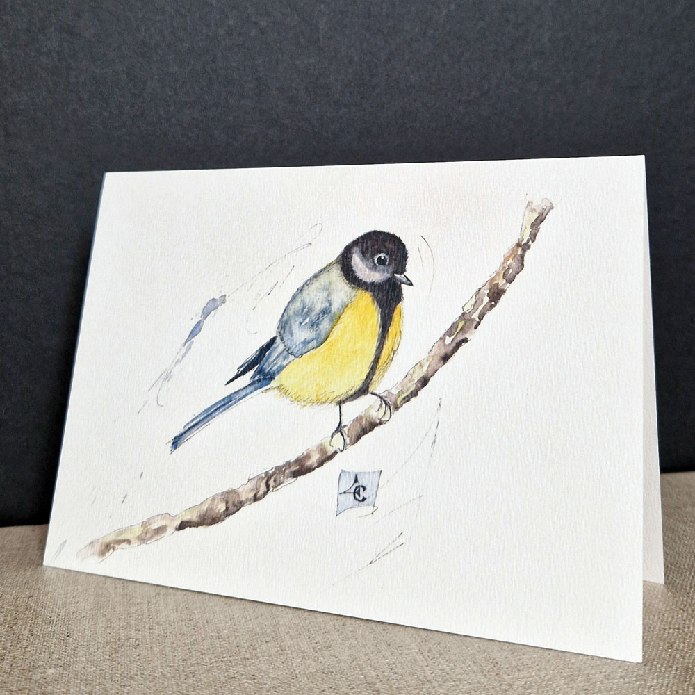 Mésange 1 aquarelle de mésange sur sa branche, carte postale d'art