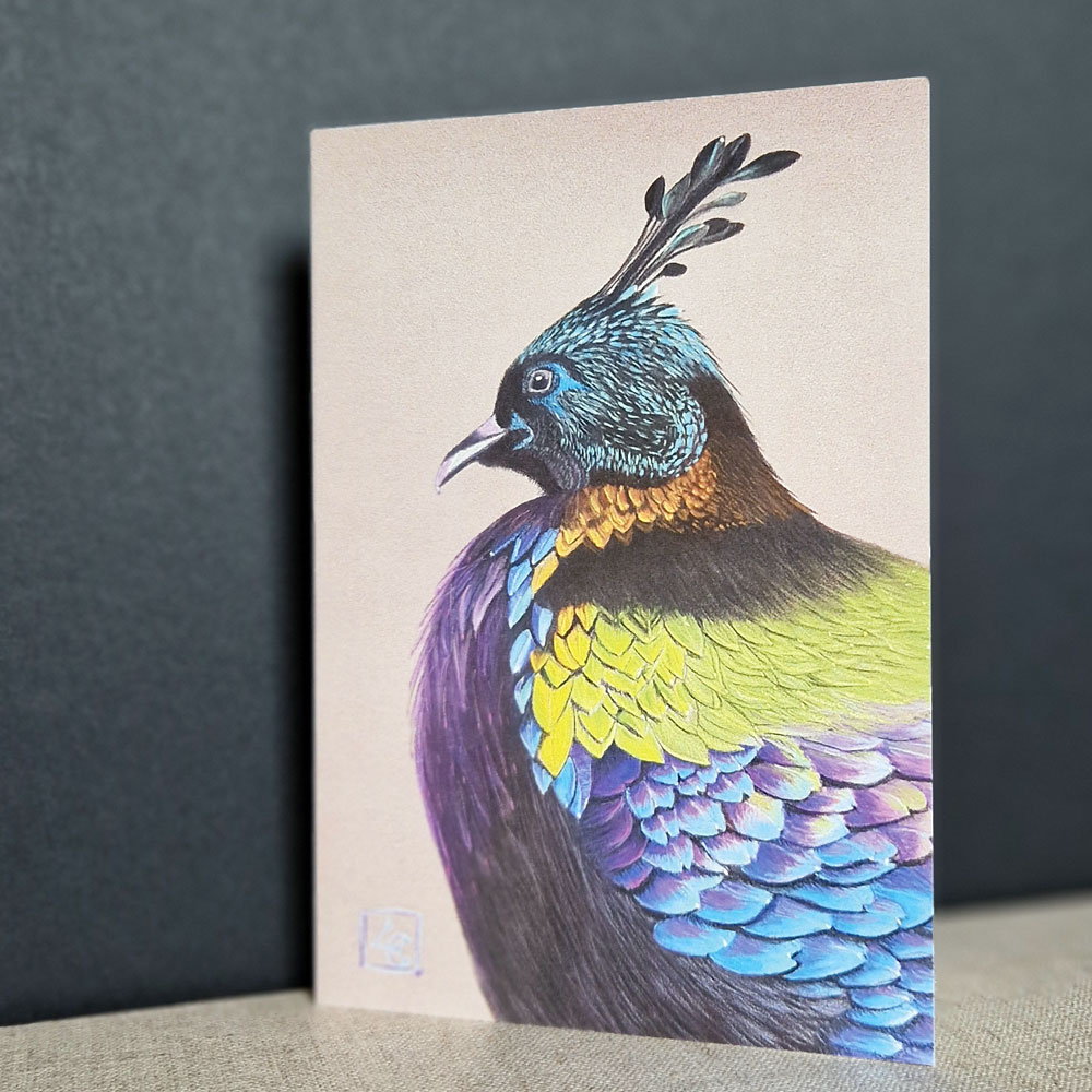 Paon de profil 1 carte de paon a l'aquarelle jaune violet bleu