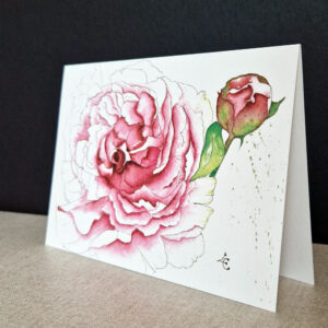 pivoine rose ouverte et bouton aquarelle carte postale