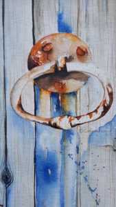 poignée rouillée aquarellesur fond de porte bleu