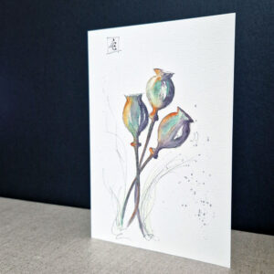 Illustration botanique à l'aquarelle de trois têtes de pavots peintes sur une carte d'art, capturant la beauté délicate et les nuances vibrantes des fleur