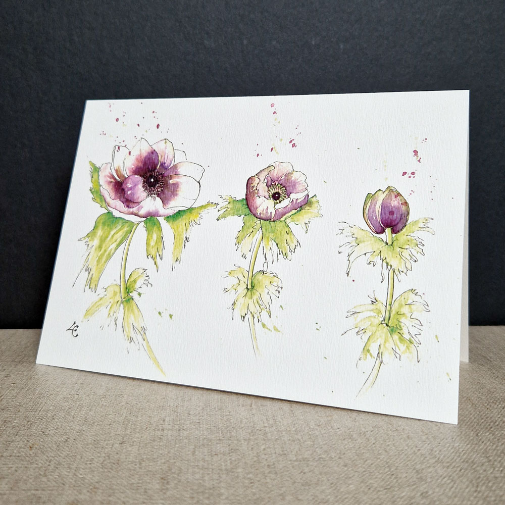 Trois Anémones violettes 1 aquarelle et carte d'art pour ces anémones aux tonalités violettes