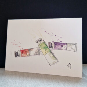 tubes d'aquarelle peint à l'aquarelle, présenté sur une carte postale, avec des couleurs vives et des détails artistiques